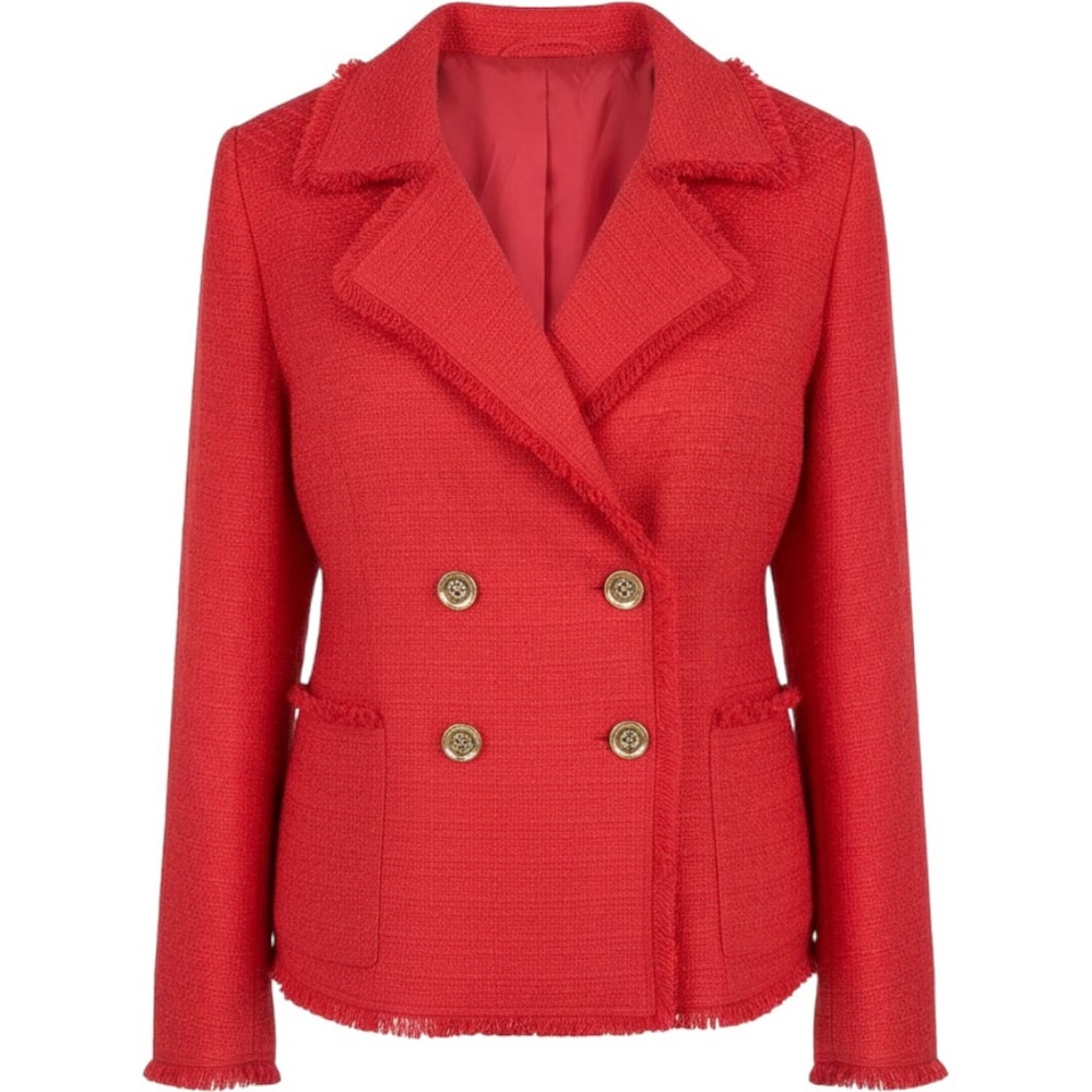 Chicos Red Tweed Fringed Double Breasted Blazer Jacket Gold Buttons Size 3 XL